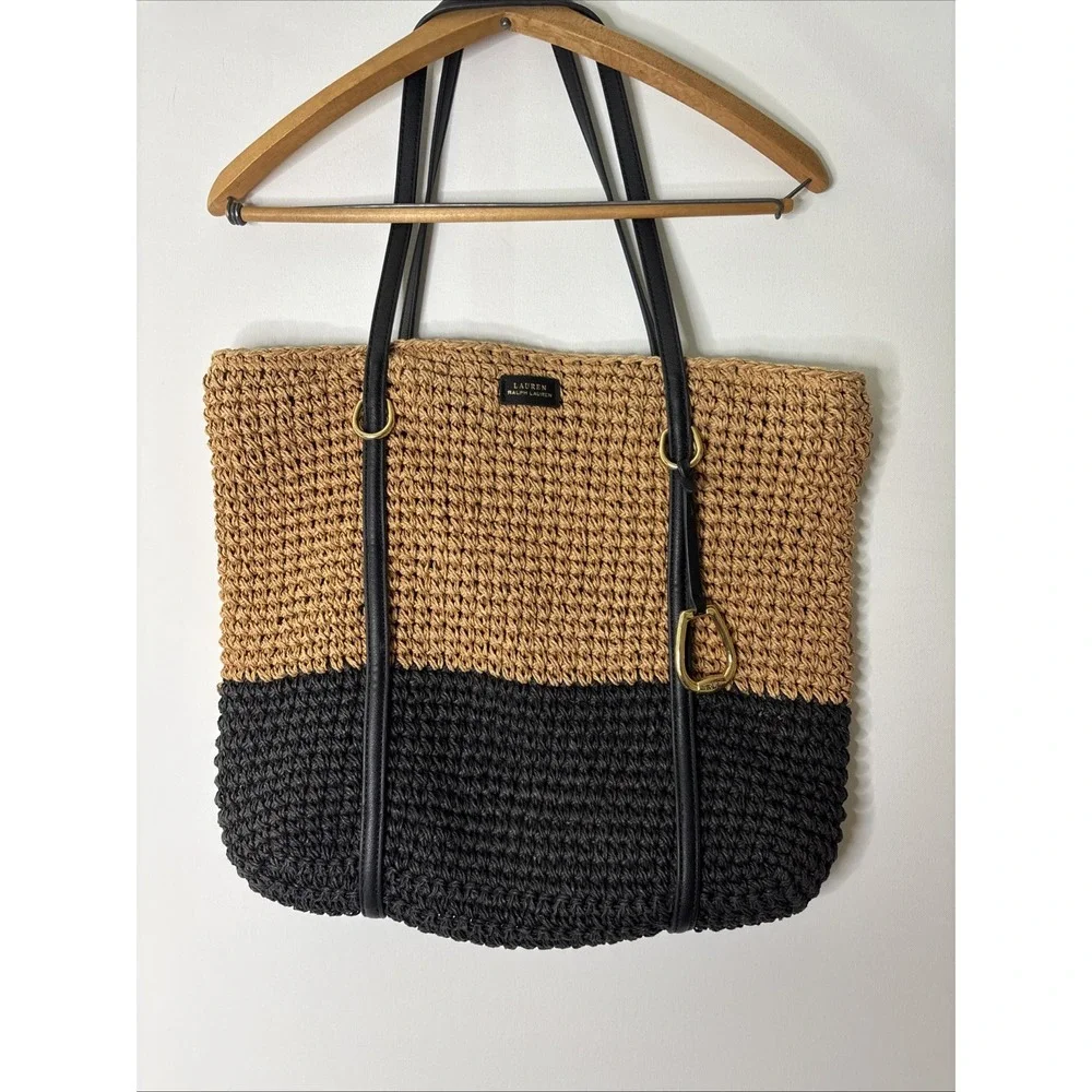 Lauren Ralph Lauren Raffia Brown Tote Bag Designer Preppy Coastal Resort